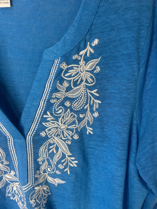 CHICO’S Soft Linen Embroidered Tunic in Poolside Blue Size 2 Large - Picture 4 of 14